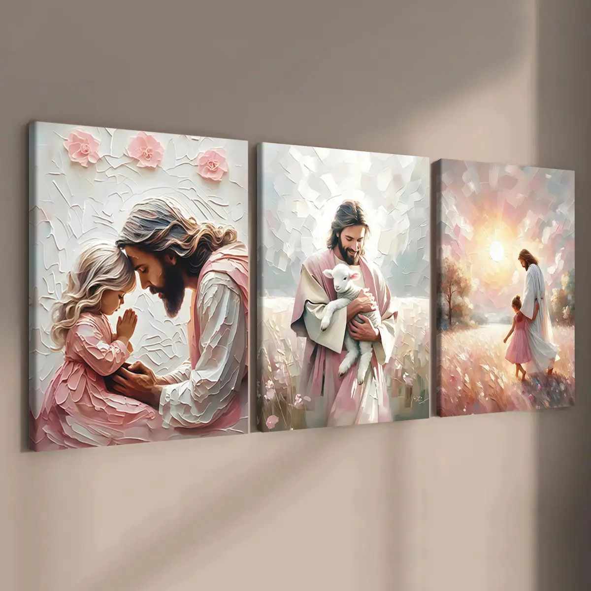 3-Pack Wooden Frame Canvas Posters, Jesus Holding Lamb Decor, Modern Art for Living Room, Bedroom, Office, Waterproof, Gift Idea