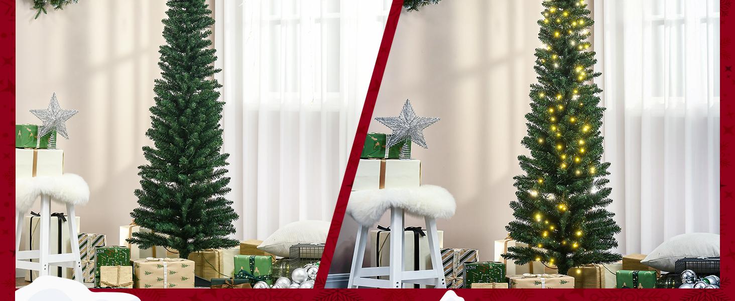 HOMCOM 6ft/7ft Pre-Lit Slim Noble Fir Artificial Christmas Tree with Warm White LED Lights, for Christmas Decoration