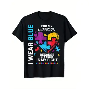 "I Wear Blue for My Grandson" Grandma Grandpa Autism Awareness T-Shirt for Men, Soft Breathable Comfortable Short Sleeve Tee, Breathable Elastic Cotton, Regular Fit, Machine Washable, Perfect Gift for Daily & Outdoor Wear