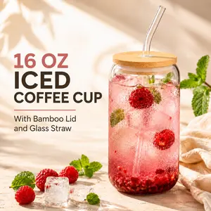MIUVA Iced Coffee Cups With Lids  16 oz Glass Iced Coffee Cup with Bamboo Lid Glass Straw Reusable Drinkware for Smoothies Juice Matcha Tea Cold Drinks Restock