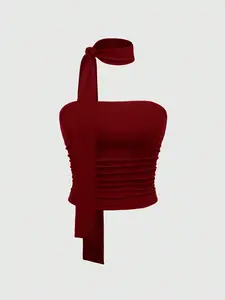 Women's Vintage Bow Tie Pleated Short Top, Wine Sleeveless Bustier Vest, Nightclub Party Date, Sexy Girl Style, Womenswear Fit