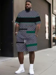 Men's Large Size 3D Digital Print Patchwork Casual Sport Short Sleeve T-Shirt Shorts Set, Loose Fit, Modern Style, All Seasons