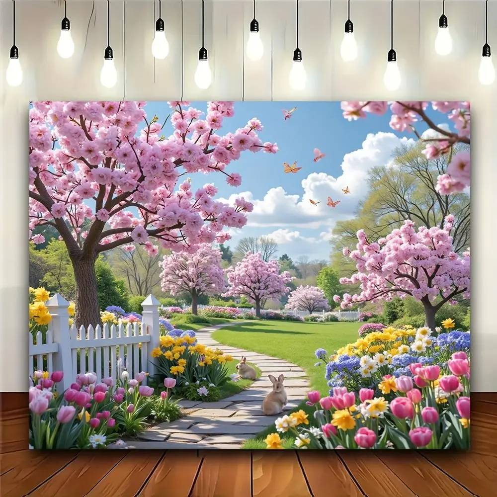 1PC,2D Flat Romantic Spring Cherry Blossom Garden Backdrop, Pink Flower Sea with Bunnies & Lawn Decorative Tapestry, Popular Live Streaming & Photo Background, Warm Decoration Hanging for Bedroom, Birthday, Polyester,summerwins