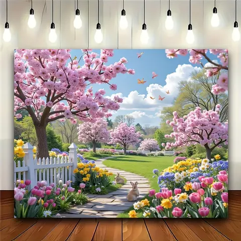 1PC Polyester 2D Flat Romantic Spring Cherry Blossom Garden Backdrop - Pink Flower Sea with Bunnies & Lawn Wall Tapestry, Popular Indoors Live Streaming & Photo Background, Warm Bedroom Birthday Decoration, Wall Tapestries