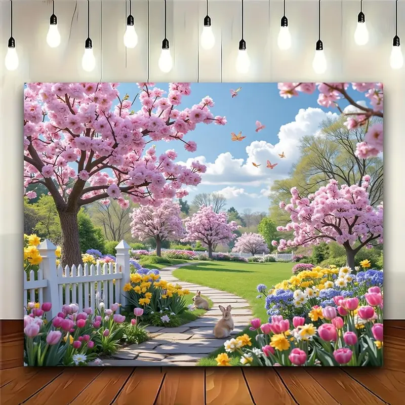 1PC Polyester 2D Flat Romantic Spring Cherry Blossom Garden Backdrop - Pink Flower Sea with Bunnies & Lawn Wall Tapestry, Popular Indoors Live Streaming & Photo Background, Warm Bedroom Birthday Decoration, Wall Tapestries