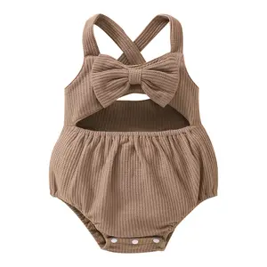 Newborn Baby Girl Romper Infant Summer Clothes Sleeveless Suspender  Bodysuit with Bow V-neck Hollow Triangle Jumpsuit
