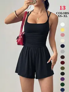 2026 New Women's Backless One-Piece Short Romper, Spaghetti Strap Smocked Bodice Elegant Chic Slim Fit Jumpsuit for Cocktail Party Wedding Guest Night Out Vacation Wear