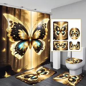 1PC/4PCS 2D Flat Printing Black Gold Blue Butterfly Forest Glowing Patterned shower curtain, home bathroom decor, Decoration, shower curtain set with 12 hooks, non-slip bathroom rug, U-shaped toilet seat cover, toilet seat mat.