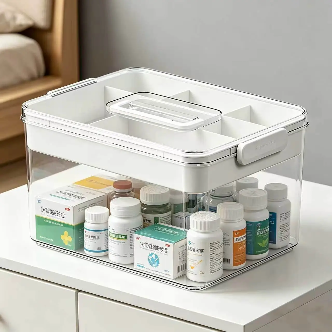 Modern Rectangle Portable Medicine Storage Box - Large-Capacity Transparent Dual-Compartment Pill Organizer with Handle, Home & Travel Medical Supply Storage Solution