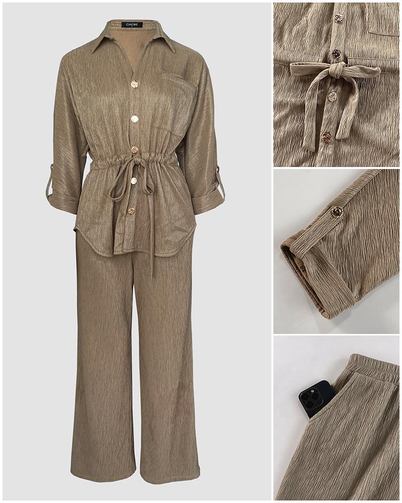 ChicMe Women's 2 Pieces Outfit Vintage Turn-down Collar Roll Up Sleeve Button Front Flap Pocket Design Waist Drawstring Top and Elastic Waist Wide Leg Pants Set Casual Textured Commuting Set/Vintage Button Front Commuting Set