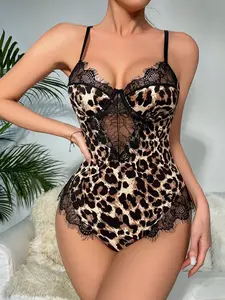 New Year Gift Sexy Lace Trim Plunge Neck Teddy Lingerie Bodysuit with Underwire Multi-Color Leopard White Red Blue Spaghetti Strap Deep V Neck Sleeveless Push-Up Lingerie for Women Halter Neck