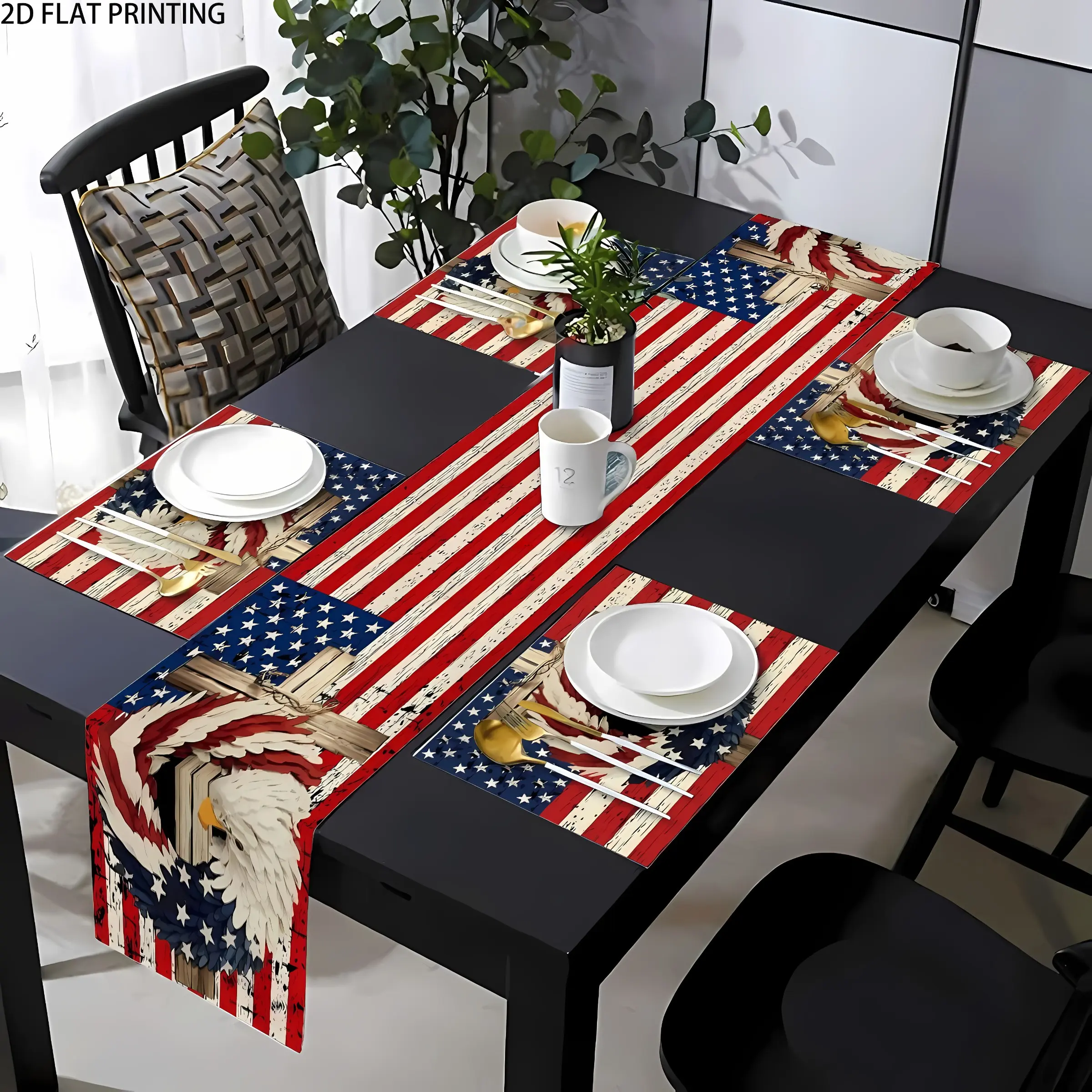 2D flat printing, 1 piece/2 pieces/4 pieces/6 pieces/8 pieces/5 pieces/7 pieces set, American Independence Day themed placemat and table flag set, used for Independence Day decoration, July 4th, suitable for kitchens, dining tables, anniversaries