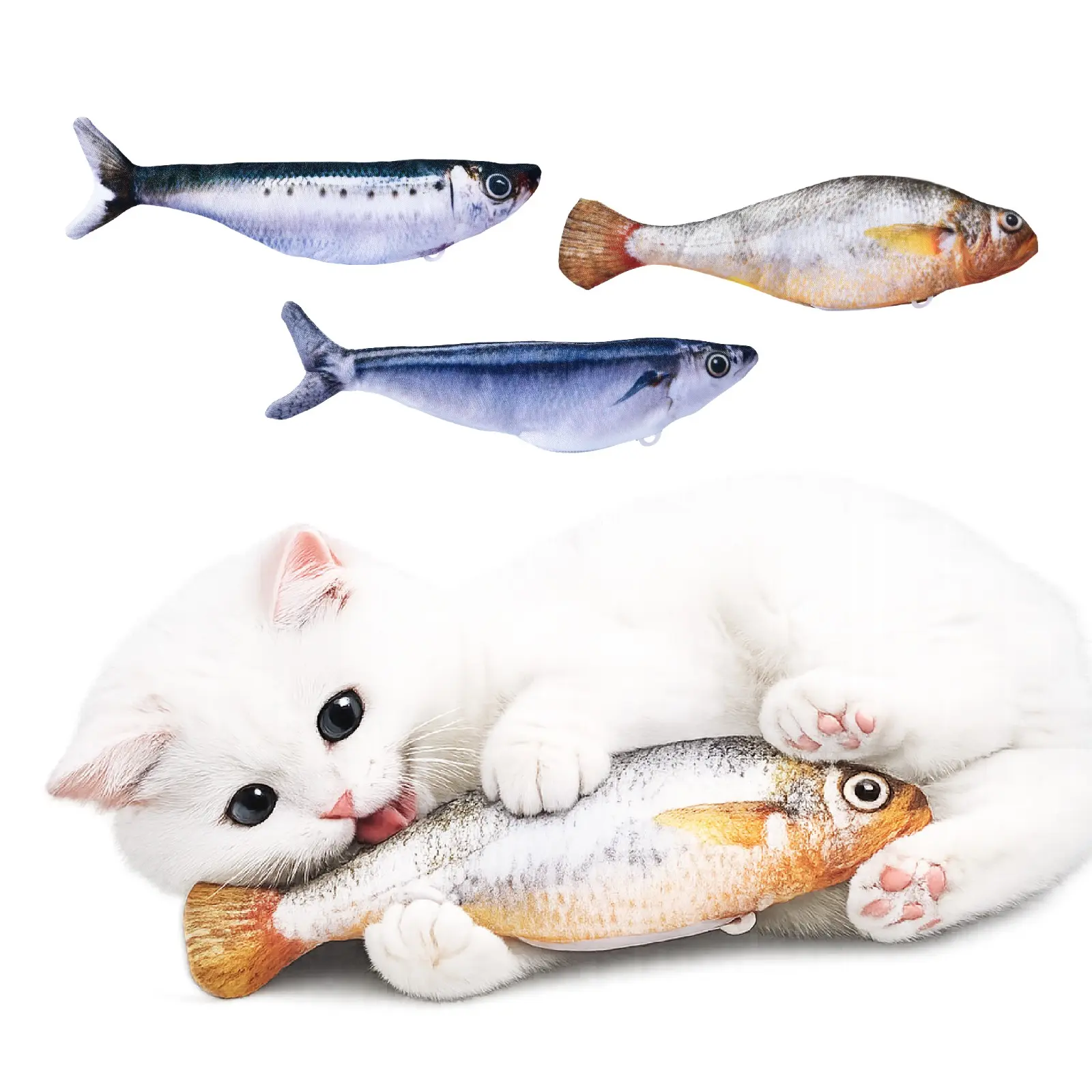 3 Pack Flopping Fish Cat Toys, Interactive USB Rechargeable Motion Activated Catnip Plush for Indoor Cats, 3 Flapping Modes, Realistic Sardine, Saury & Yellow Croaker, 7.1 Inch
