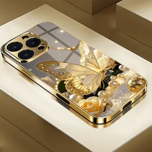 Gilded Butterfly Light Luxury Electroplated Glass Phone Case Suitable for iPhone 17 16,15,14,13,12,11 Plus Pro Max