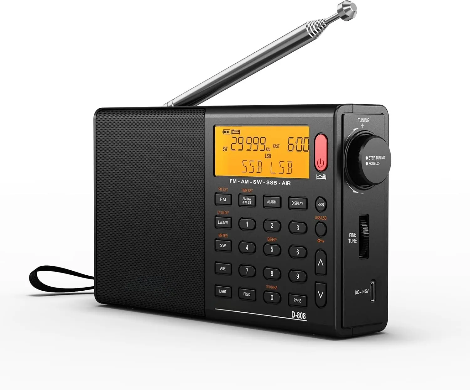 D808 Portable AM FM SW LW Air Band Shortwave Radio SSB RDS Multi Band Digital Radio Speaker with LCD Display  Clock External Antenna (Black)