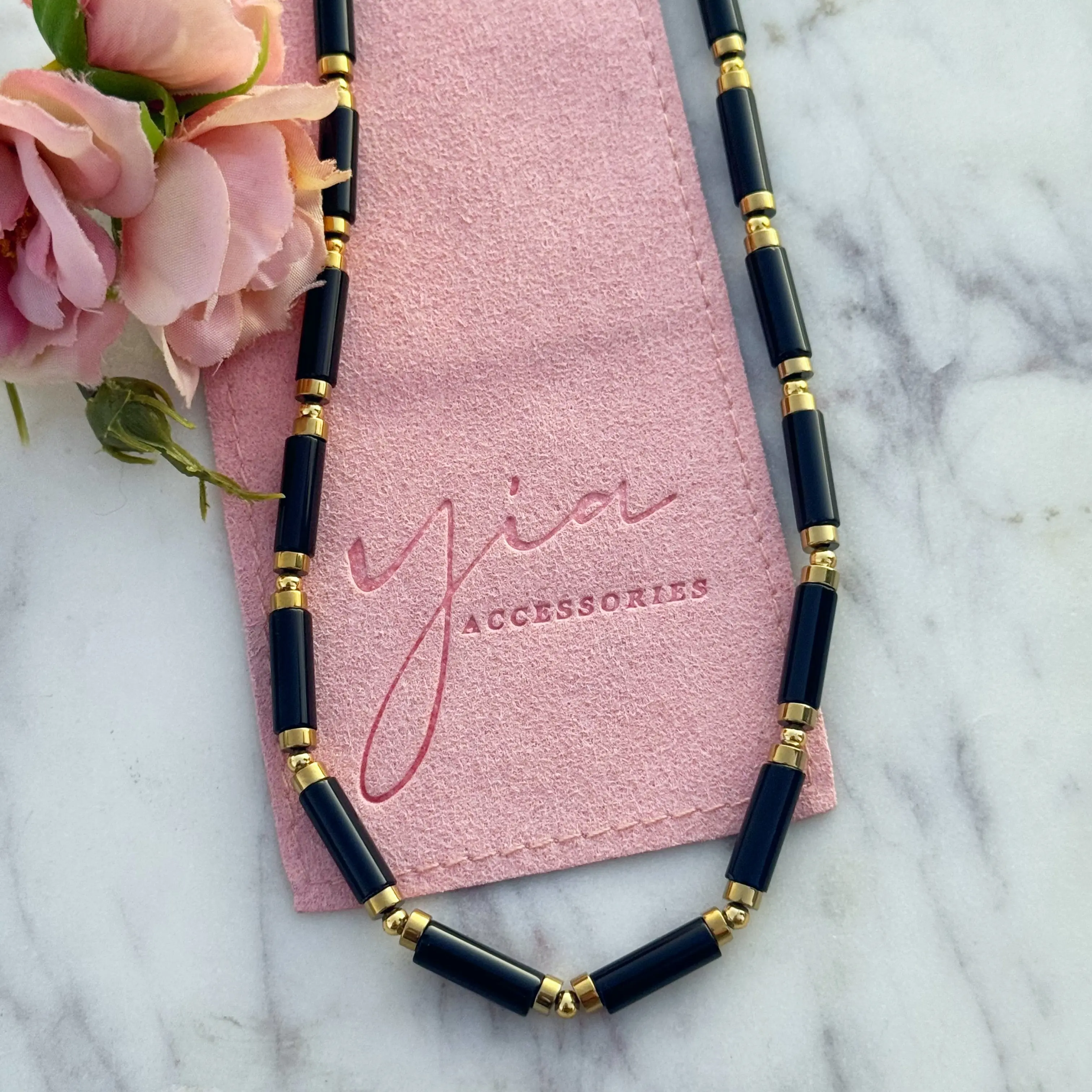 Onyx Gold-Filled Choker Necklace with an Elegant Beaded Design, Handmade Adjustable Casual Jewelry, Meaningful Gifts