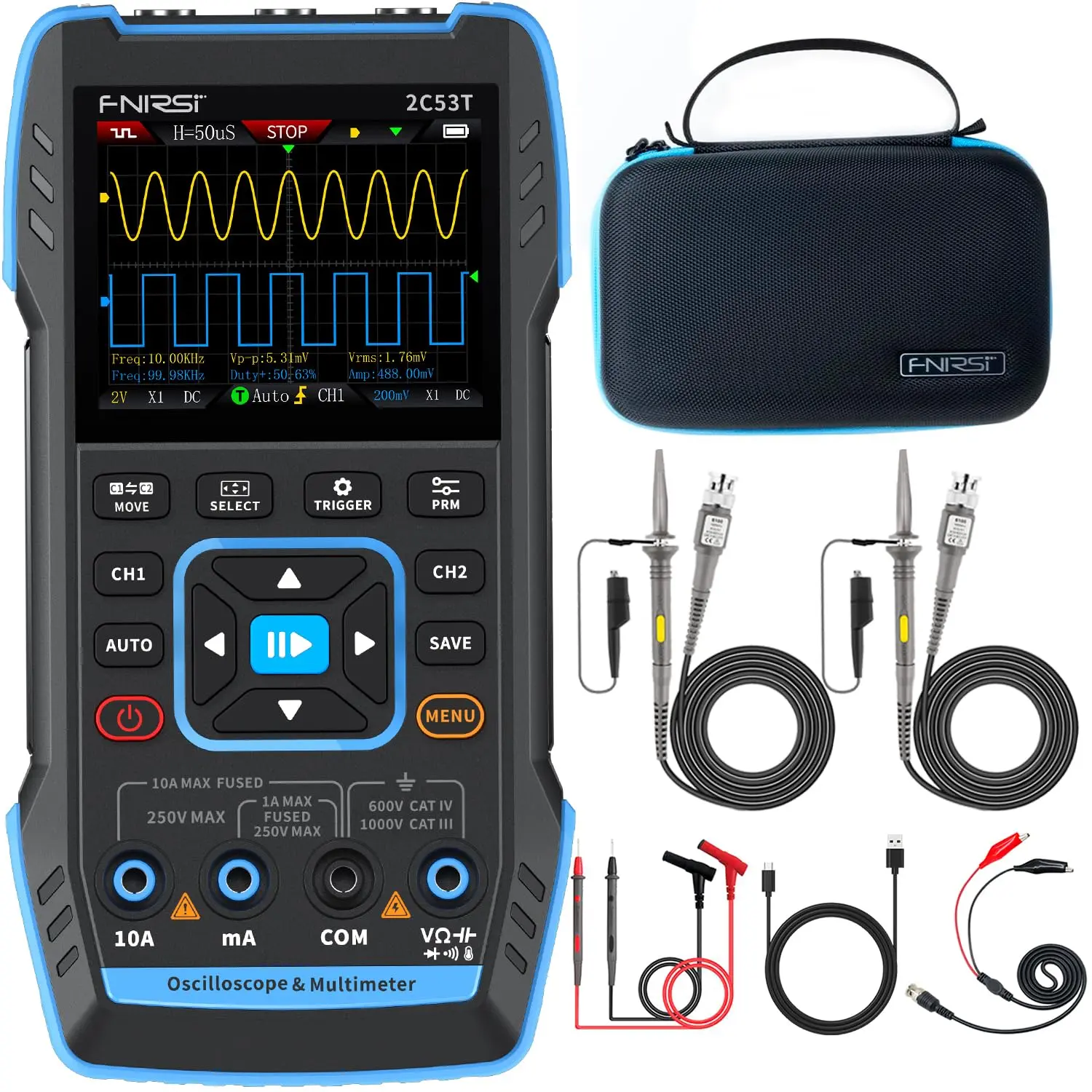 FNIRSI 2C53T Upgraded Handheld Oscilloscope  50MHz Bandwidth  3IN1 Digital Oscilloscope Multimeter DDS Generator  250MS/s Sampling Rate  19999 Counts  Voltage  Current  Capacitor  Resistor  Diode Test