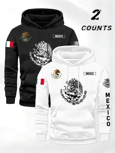 Men's Mexican Flag Letter Print Hoodie Set, Casual Long Sleeve Drawstring Sweatshirt, Warm Fall & Winter Fashion for Men