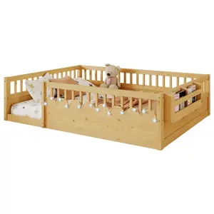 Full Size Natural Wood Montessori Floor Bed 78.5*56.6*19.7 Inch with LED Lights Storage Shelf High Guardrails Anti-Pinch Safety Design Low Profile Kids Bed Frame for Bedroom Playroom