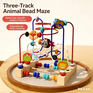 Multifunctional Animal Bead Wooden Toy for Babies, Three-Track Stringing Toy, Hand-Eye Coordination Training, Early Education Puzzle Blocks