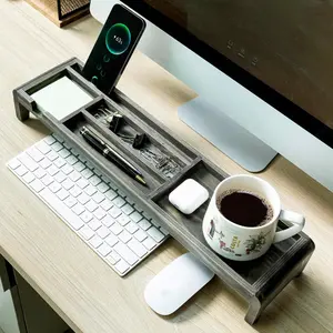 Weathered Gray Wood Over Keyboard Desk Organizer Tray with Phone Tablet Stand, Sticky Note and Pen Holder