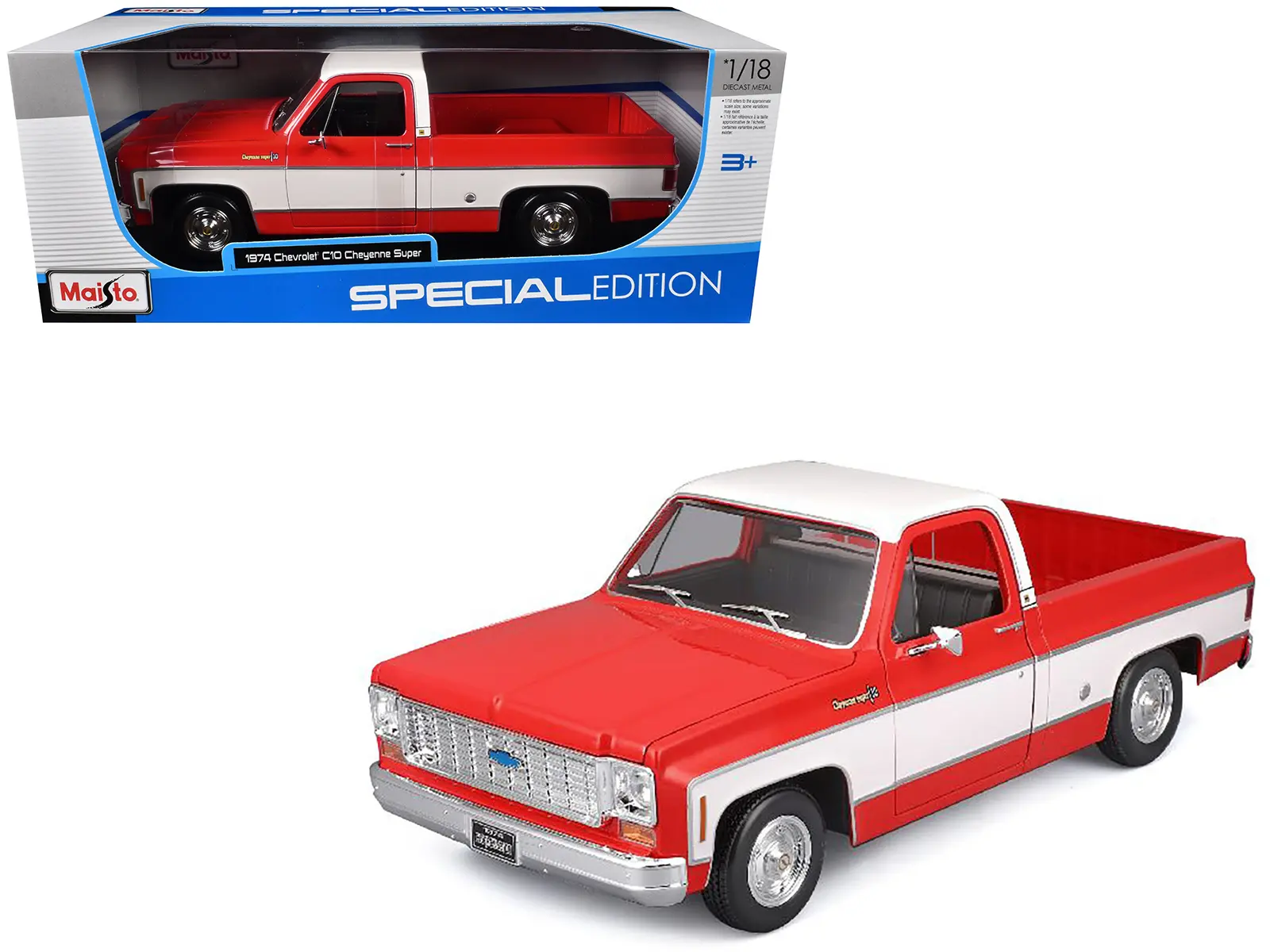 1974 Chevrolet C10 Cheyenne Super Pickup Truck Red and White "Special Edition" 1/18 Diecast Model Car by Maisto
