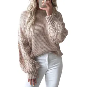 Womens Parchment Cable Knit Pullover Sweater with Drop Shoulder and Crew Neck - Womenswear, Knitwear Casual Fashion Winteroutfit