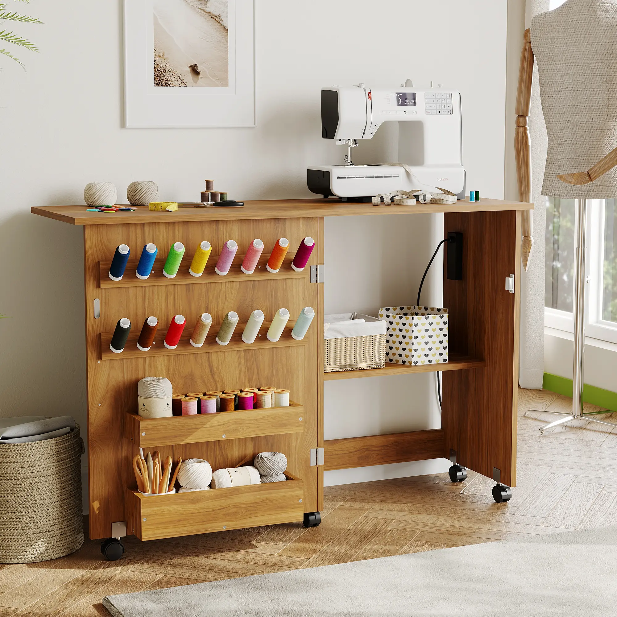 Folding Sewing Table with Charging Station, Rolling Craft Desk with Locking Wheels & Storage Trays for Small Spaces, Sewing Machine Cabinet for Home Craft Room