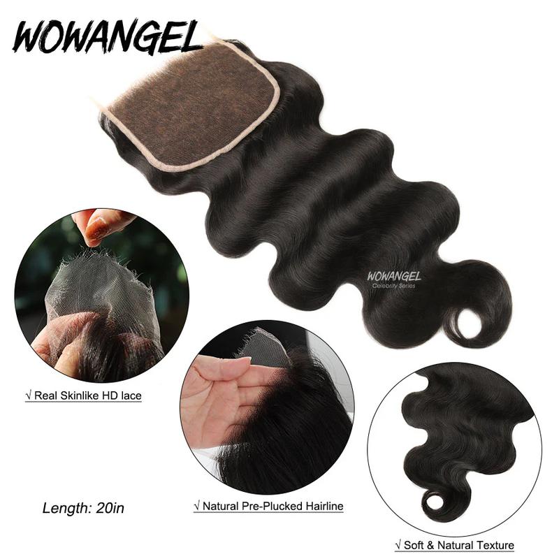WOWANGEL 6x6  7x7 SKINLIKE Real HD Lace Closure Only, 0.10mm Ultra-thin Invisible Lace Pre-Plucked Bleached Knots Natural Black Human Hair 18 Inch Valentine's Gift