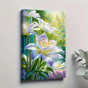 [Flat] 1pc Luminous Lily Canvas Art Print - 11.81 x 17.72inch, vibrant sunny garden scene with white lilies and purple flowers, framed in wood, perfect for living room wall decoration