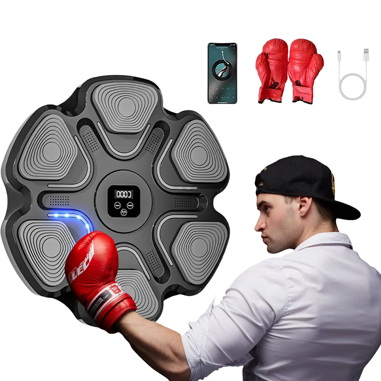 Wall-Mounted Smart Music Boxing Machine with Gloves, Bluetooth Interactive Trainer, Type-C Convenient Power Solution, Enhances Training with Music, Adult Home Workout Boxing Equipment, Punch Workout Gear