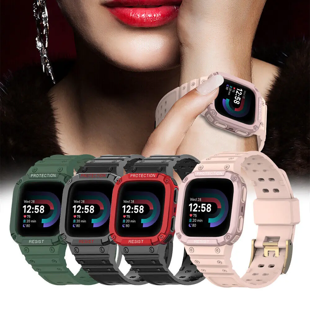 Doemoil Band with Case for Fitbit Versa 4/Versa 3 Rugged Men Sport Band Protective Cover