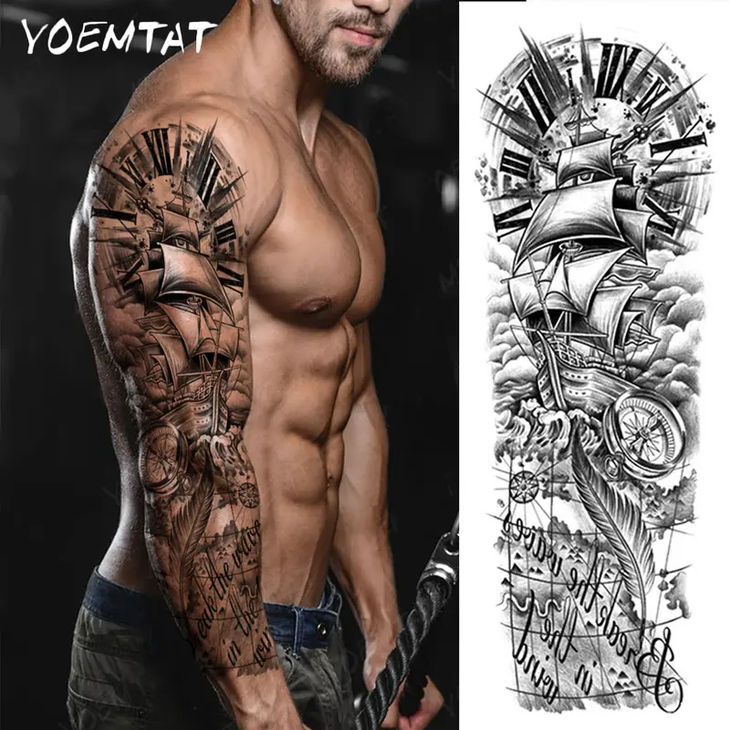 Large Full Arm Sleeve Waterproof Realistic Tattoos Temporary Tattoo Sticker Black Pirate Ship Compass Anchor Clock Compass Feather Text Word Sentence Tribe Totem Design Fake Tatoo Body Art Tatto Men Women Leg