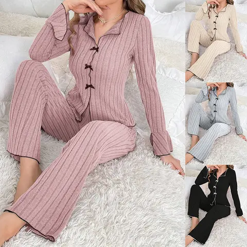 FEITAI Women's Long Sleeve Button-Down Pajama Sets - Basic Style Soft Elastic Fabric Shirt Sleepwear Lounge Sets