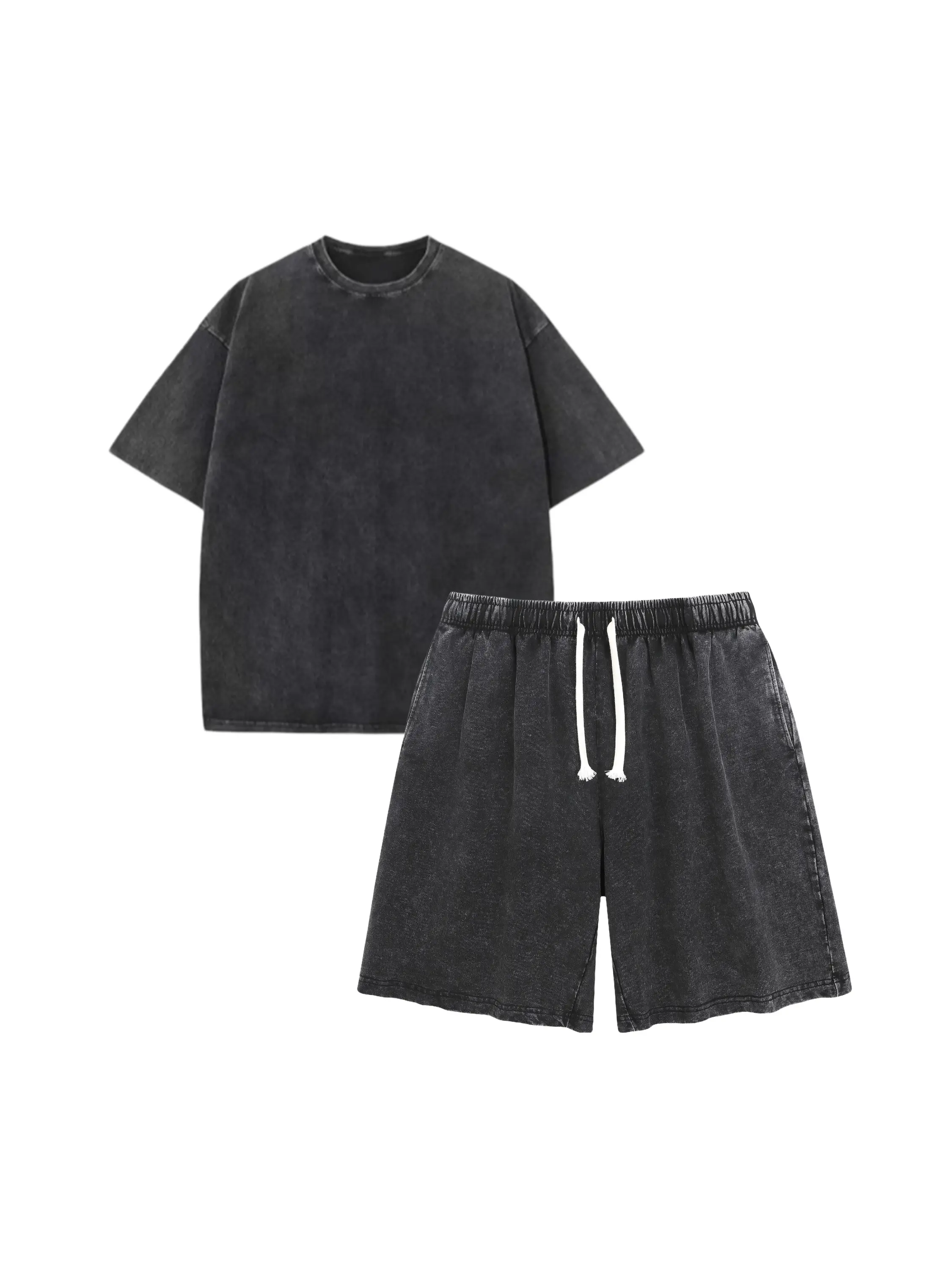 Vintage Washed Blank T Shirt And Drawstring Shorts 2 Piece Outfit Set, Oversized Loose Casual Matching Tracksuit Set, 100% Cotton Unisex Multi Color Streetwear Loungewear Set