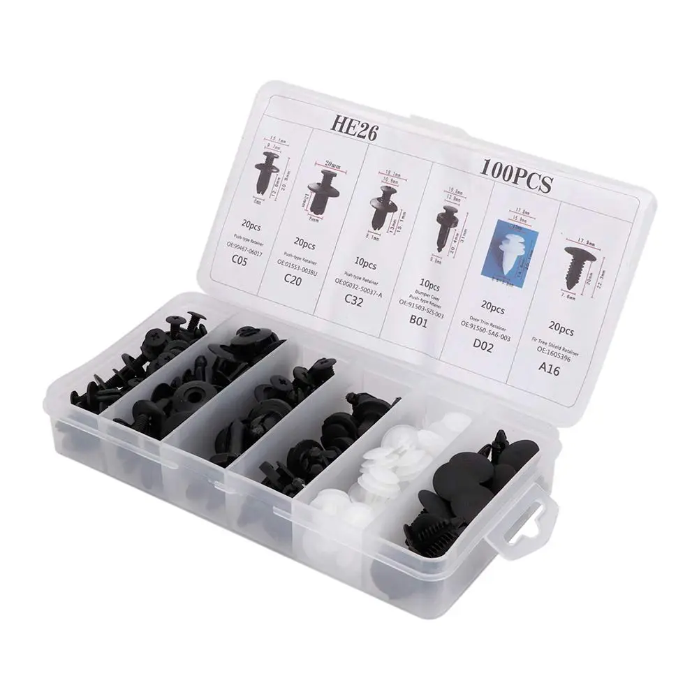 HE26 100 Pcs Bumper Clips Car Clips Plastic Rivets Fasteners Push Retainer Kit with Sizes Auto Push Pin Rivets Set with Fastener Remover Durable Plastic & Metal Components Ergonomic Design Lightweight Strong Essential Tool for Vehicle Maintenance