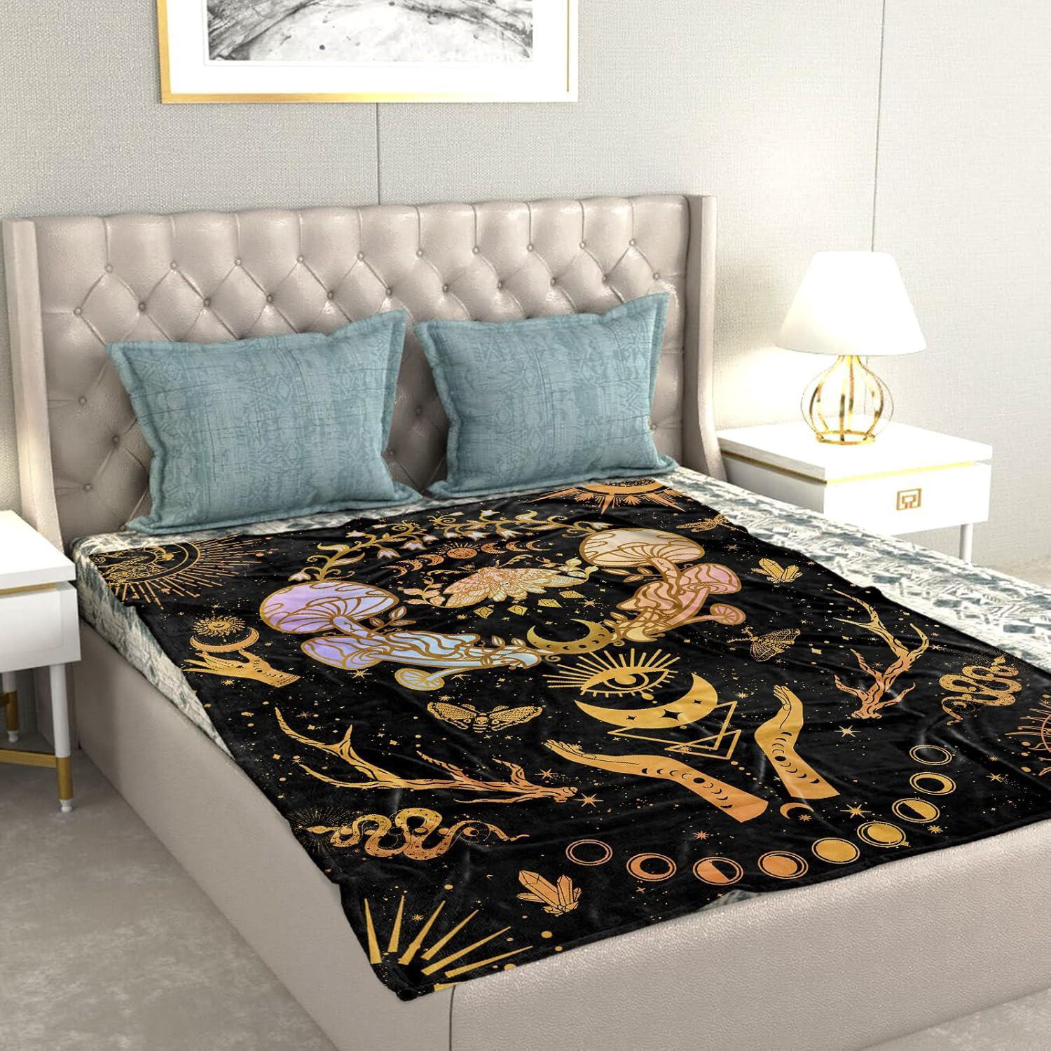 Enchanted Mushroom Premium Weight Blanket, Witchy Moon & Zodiac Fleece Throw, Gothic Hippie Decor for Women, Mystical Sun & Moon Gifts for Halloween, 280gsm