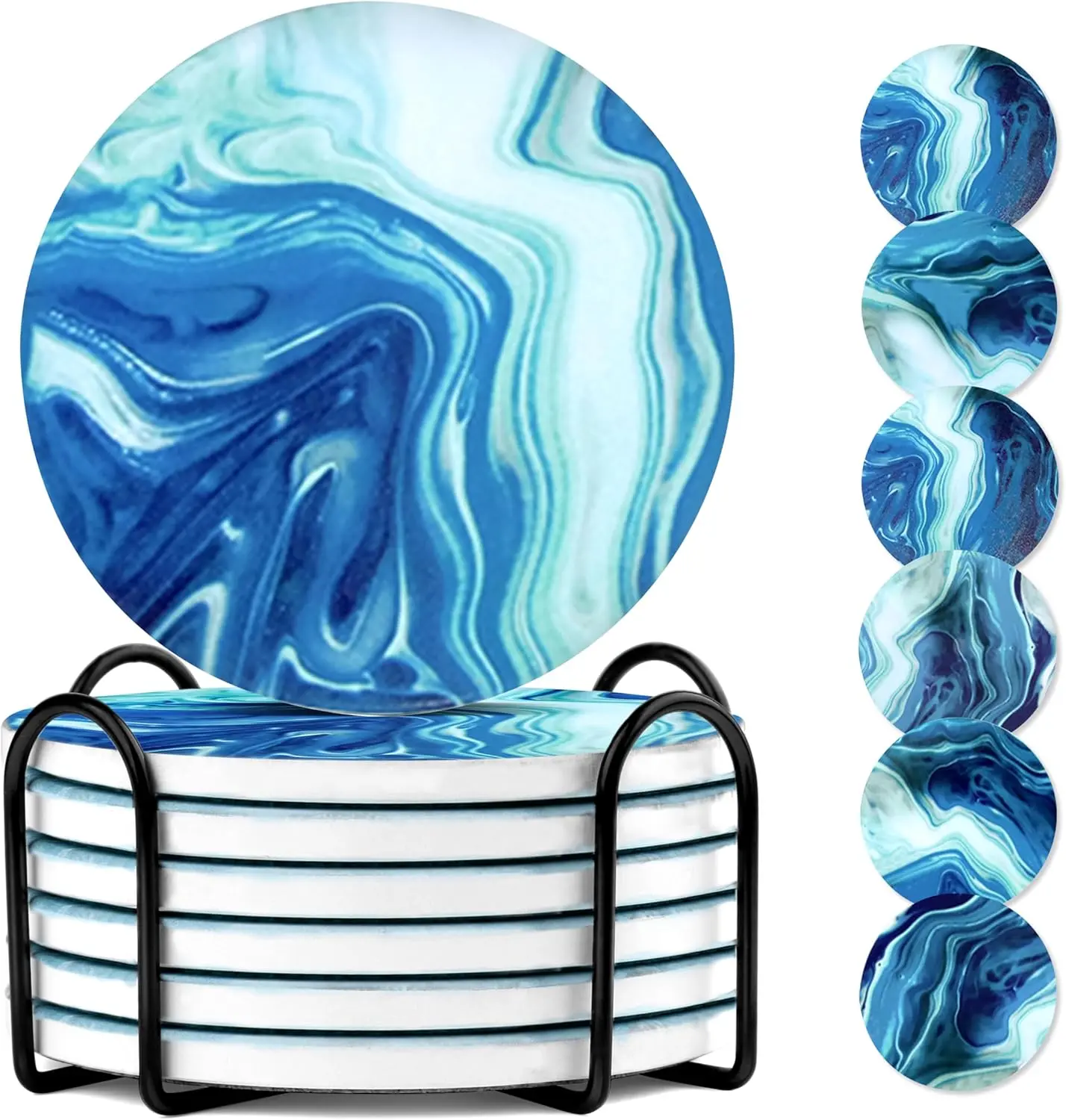 Ceramic Marble Coasters, 6 Sets of Round  Coasters with Holder on Dark Blue White, Durable Cup Coaster for Coffee for Table Protection,  Coasters set for Kinds of Mugs and Cups(4 Inches)