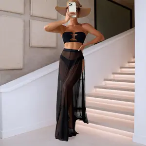 Three-piece strapless women's fashion sexy slim bikini set + long skirt, slim swimsuit for seaside beach vacation