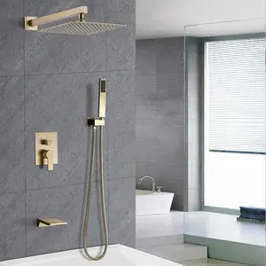 Brushed Gold Shower System - 12" Rain Shower Head & Handheld Combo, Wall Mount