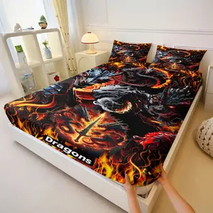3PcsMythical Fiery Dragons Printed Fitted Sheet Set, Dark Swirling Patterns Bedding Set, Intricate Dragon Designs Bedspreads, Perfect for Mythology Enthusiast Bedroom Decor, Includes 2 Pillowcases, No Pillow Core