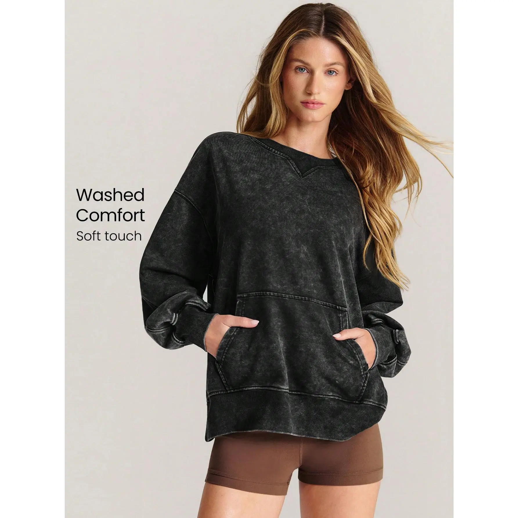 GLOWMODE Everyday Terry Cozy Day Soft Breathable Sweat-Wicking Vintage Wash Front Pocket Oversized Crewneck Sweatshirt Daily Casual Wear