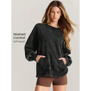 GLOWMODE Everyday Terry Cozy Day Soft Breathable Sweat-Wicking Vintage Wash Front Pocket Oversized Crewneck Sweatshirt Daily Casual Wear