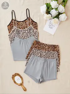 6-Piece Women's Solid Color Leopard Print Spaghetti Strap Comfortable Pajama Set, Cozy Nightwear for Home, Stylish Sleepwear for Women, Loungewear, Pjs, Chic, Elegant