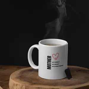 Black Ceramic Reusable Coffee Mug - Washable Kitchen Drinkware, "Mother: My World, My Heart, My Everything" Design, Glossy Finish, Microwave-Safe, Dishwasher-Safe