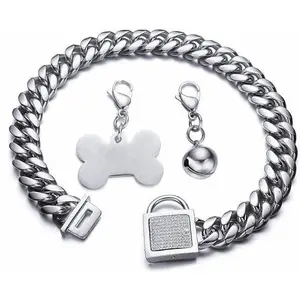Dog Cuban Chain Customized Collar with CZ Buckle, ID Tag and Bell