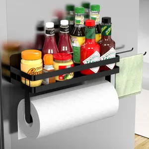 Magnetic Paper Towel Holder for Fridge, Black Kitchen Organizer with Towel Roll Holder, Spice Shelf and 2 Hanging Racks(No Drilling)