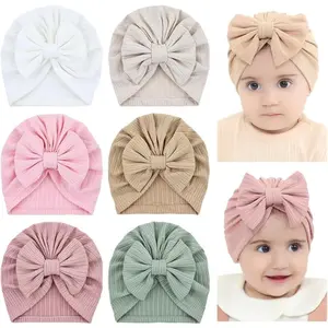 6 Pack Soft Turban Hats with Bow Donut for Baby Girls-Newborns, Infants, Toddlers-Nursery & Hospital Caps Beanies Bonnets
