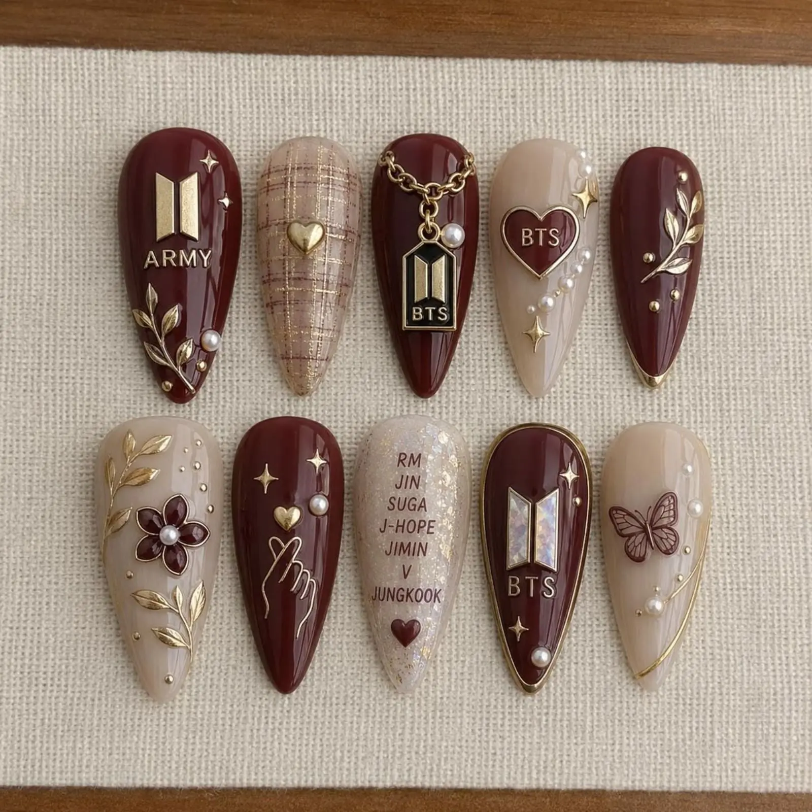 Burgundy Kpop BTS Marble Press on Nails, Army Fans Inspired Burgundy Gold Chrome Luxury Nail Set