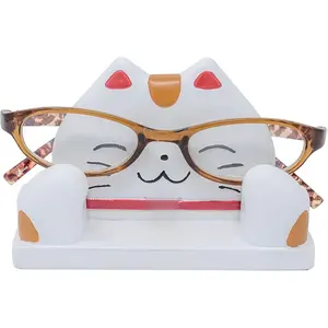 Fun Animal Eyeglass Holder Stand for Kids Women - Securely Hold Kids Eyeglasses, Adult Reading Glasses like Glasses Organizer for Desk, Bedside Nightstand - Maneki Neko Lucky Cat